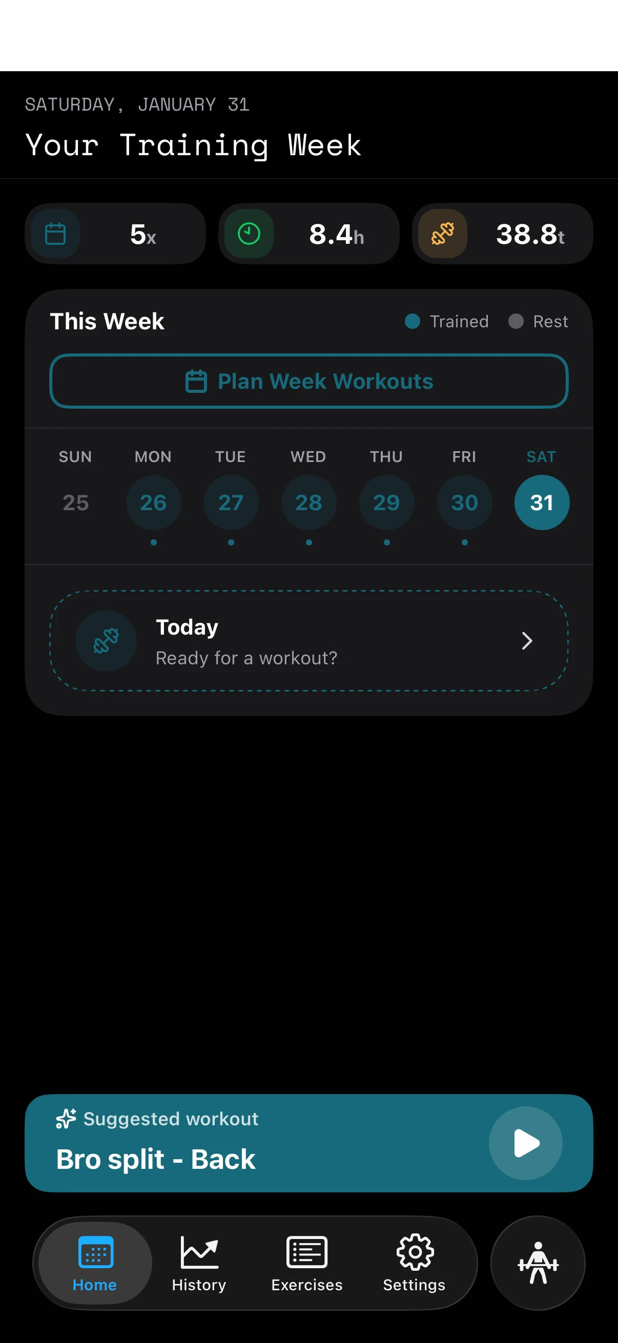 Lifterly dashboard — training week overview
